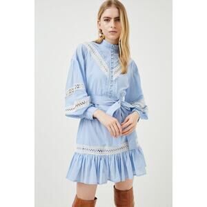 Lydia Millen x Karen Millen Lace Trim Cotton Voile Woven Mini Dress Blue US 6